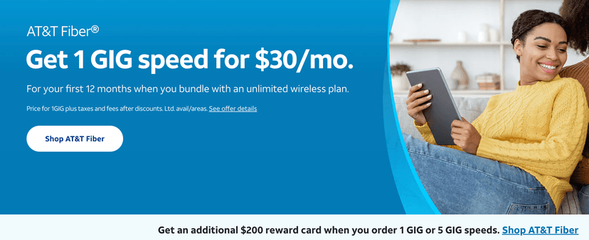 AT&T Fiber Internet 1 GIG Speed with $200 Reward Card